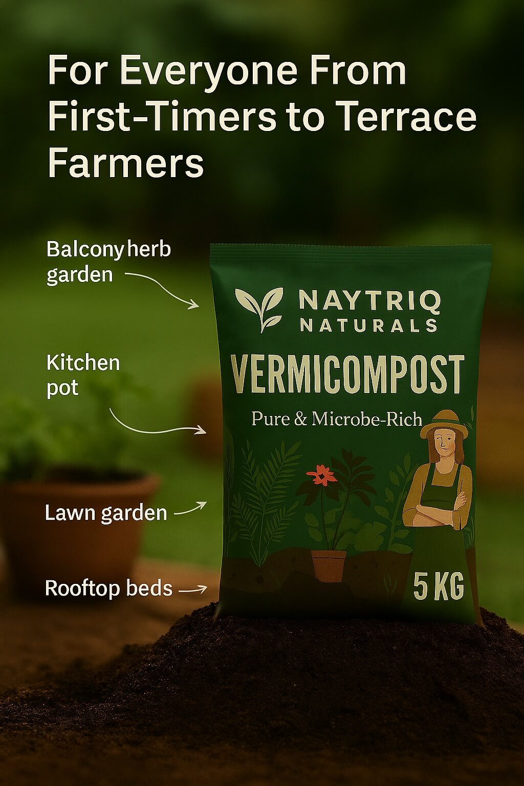Naytriq vermicompost uses: indoor plants, garden beds, herbs, vegetables, and flowers