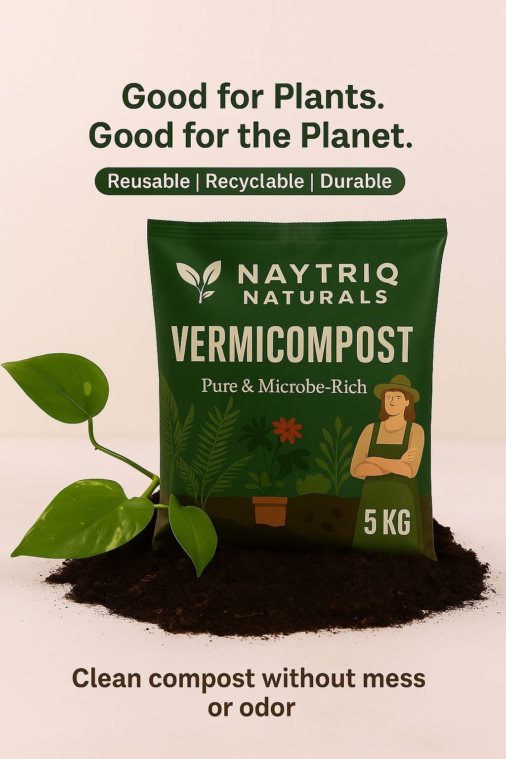 Naytriq Naturals eco-friendly vermicompost packaging - good for plants and planet